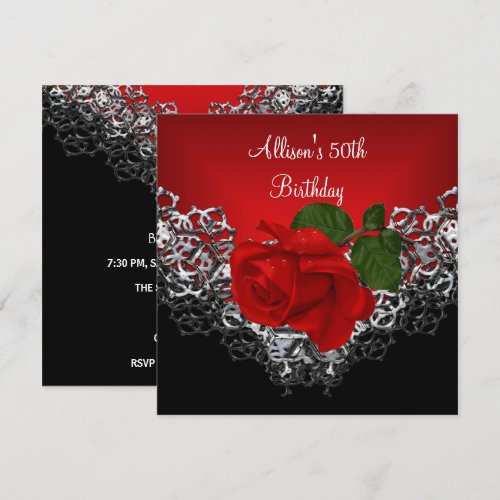 50th Birthday Lace Black Silver Deep RED Rose Personalized Invites
