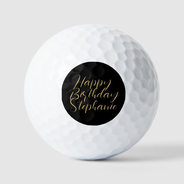 50th Birthday Lady Golfer Black Gold Name Elegant Golf Balls (Front)