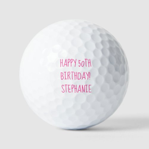 50th Birthday Lady Golfer Pink Name Elegant Golf Balls