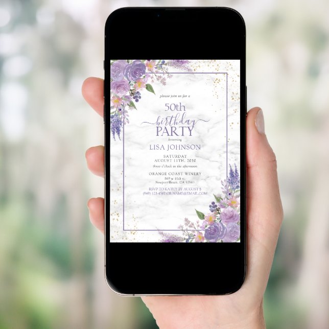 50th Birthday Lavender Lilac Marble Gold Botanical Invitation (Front Digital)