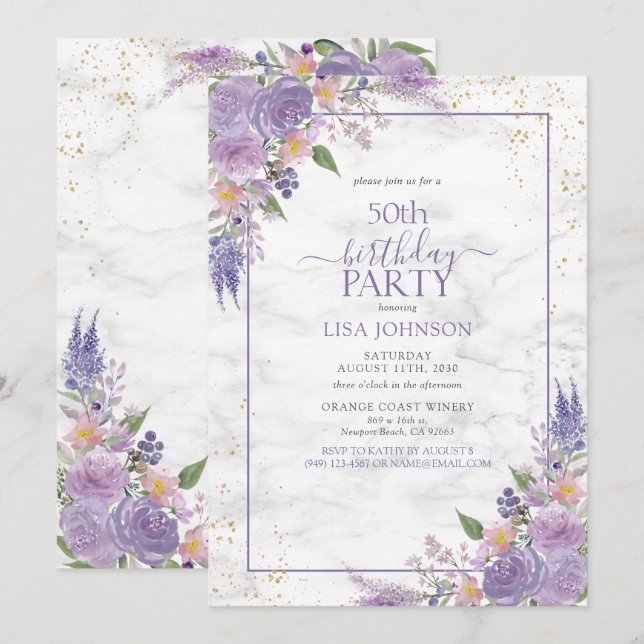 50th Birthday Lavender Lilac Marble Gold Botanical Invitation (Front/Back)
