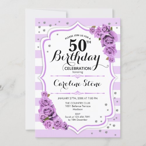 50th Birthday _  Lavender White Purple Flowers Invitation