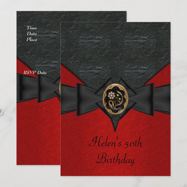 50th Birthday Leather Black Red Bow gold jewel Invitation (Front/Back)