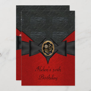 50th Birthday Leather Black Red Bow gold jewel Invitation