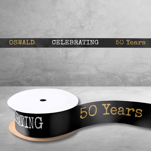 50th Birthday Legendary Black Gold Retro Satin Ribbon