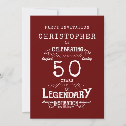 50th Birthday Legendary Red Add Name Legend Invitation