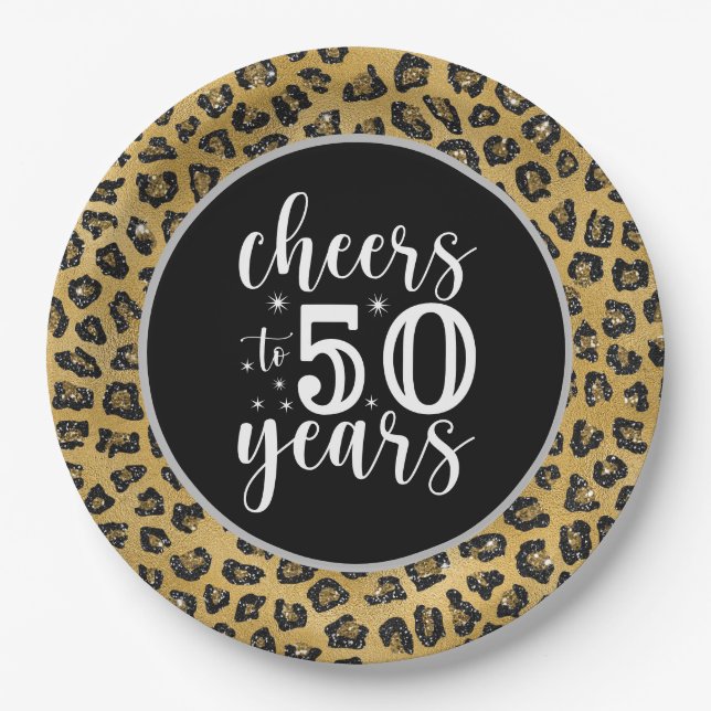 50th Birthday Leopard Black and Gold theme Paper Plates (Front)
