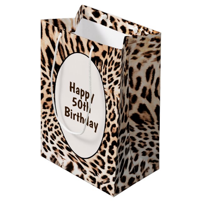 50th Birthday Leopard Fur Print  Medium Gift Bag (Front Angled)