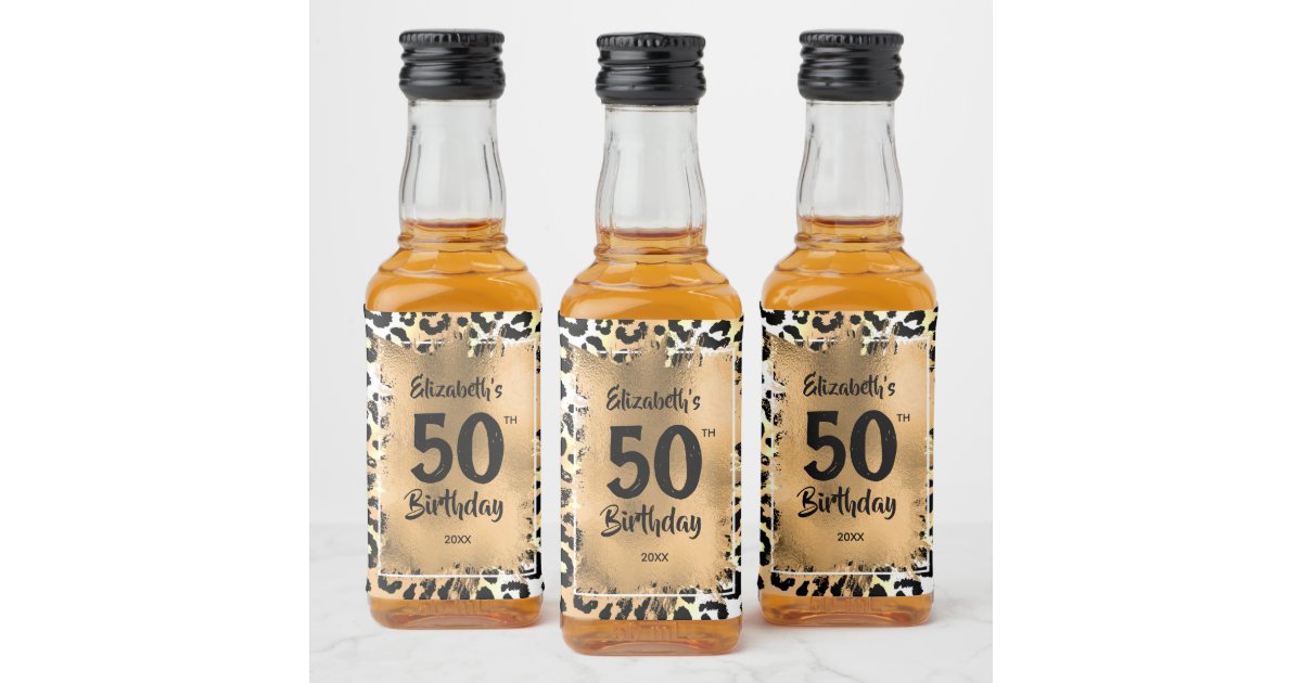 50th Birthday Leopard Mini Gold Custom Liquor Bottle Label ...