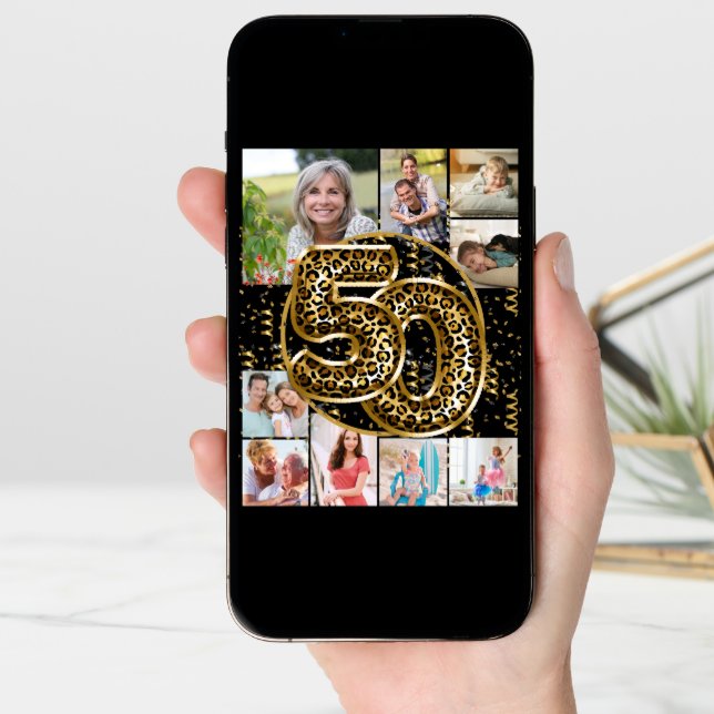 50th Birthday Leopard Print Gold Balloons Photo Card (Front Digital)