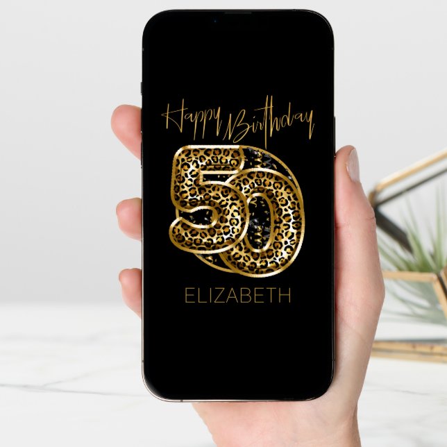 50th Birthday Leopard Print Gold Foil Balloons Card (Front Digital)