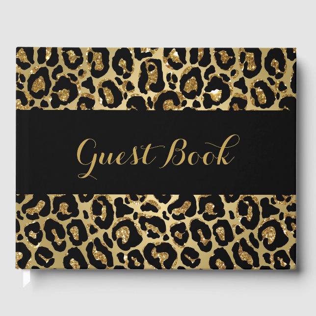 50th Birthday Leopard Print Gold Glitter Guest Book (Front)