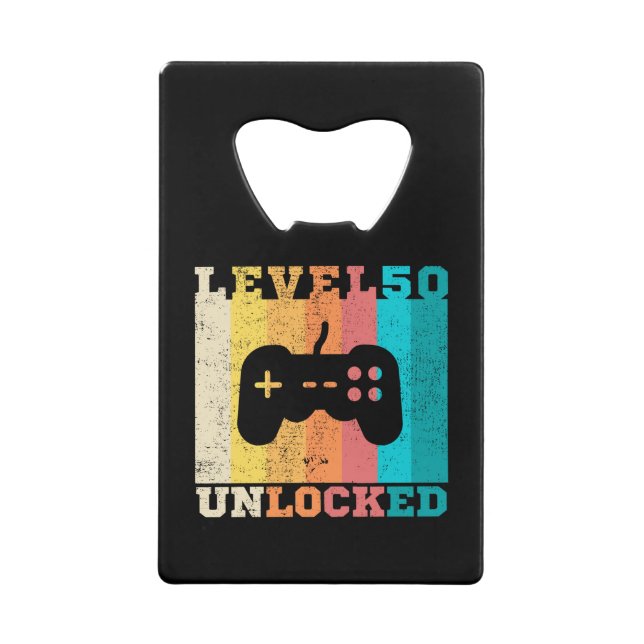 50th Birthday Level 50 Unlocked Credit Card Bottle Opener (Front)