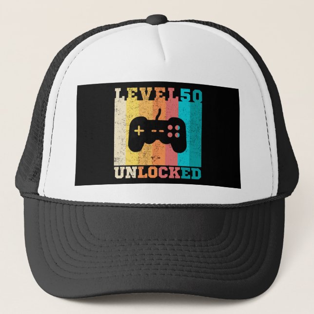 50th Birthday Level 50 Unlocked Trucker Hat (Front)