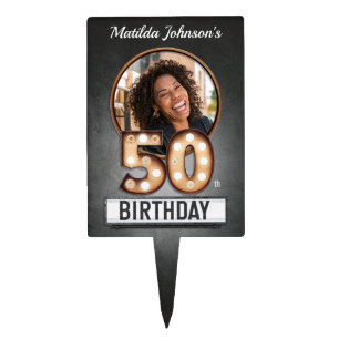 50th Birthday Light Bulb Marquee Glam Custom Photo Cake Topper