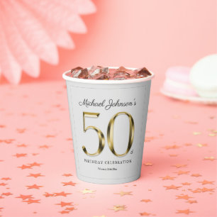 50th Birthday Light Gray Solid Gold Text Classy Paper Cups