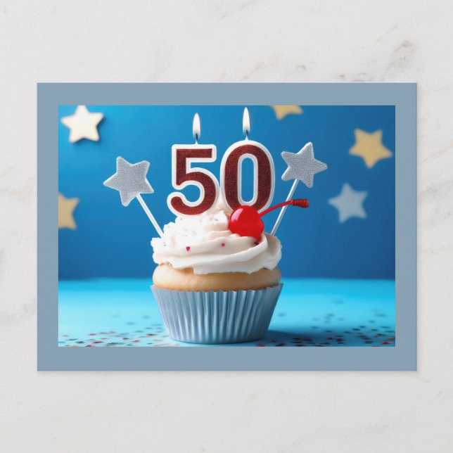 50th Birthday Lighted Candles Cupcake Personalized Postcard (Front)