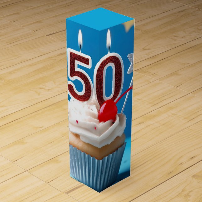 50th Birthday Lighted Candles Cupcake Star Studded Wine Box (Front)