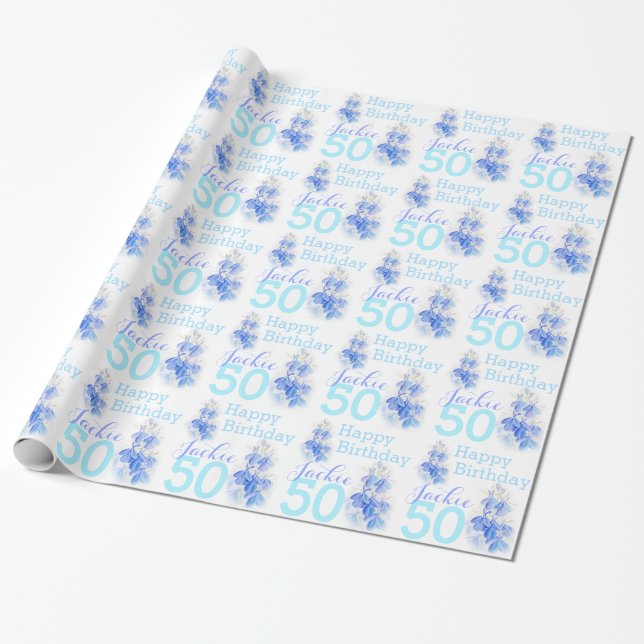 50th birthday Lobelia blue named gift wrap (Unrolled)