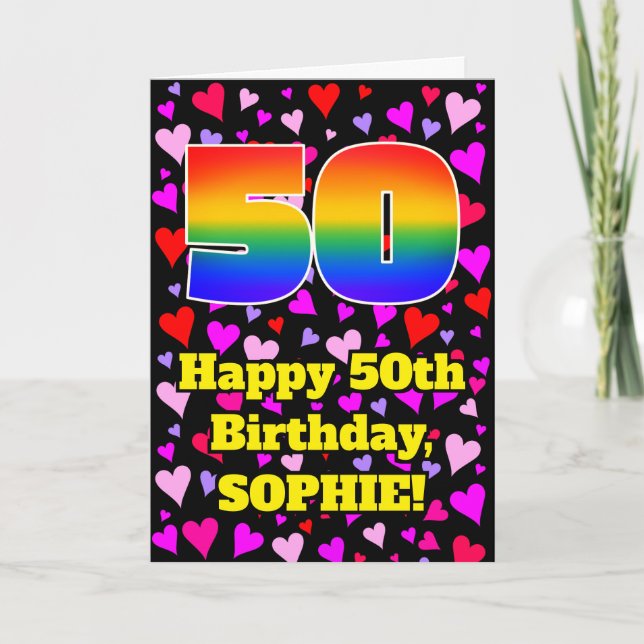 50th Birthday: Loving Hearts Pattern, Rainbow # 50 Card (Front)