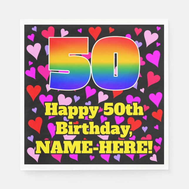 50th Birthday: Loving Hearts Pattern, Rainbow # 50 Napkins (Front)