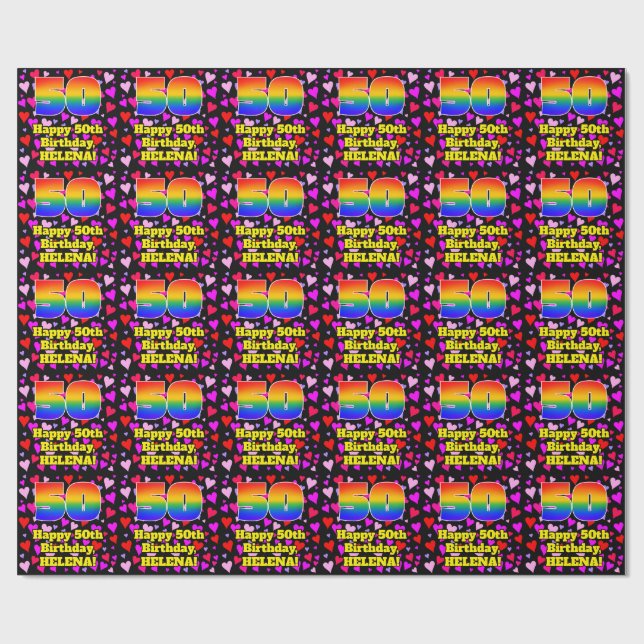 50th Birthday: Loving Hearts Pattern, Rainbow # 50 Wrapping Paper (Flat)
