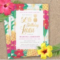 50th Birthday Luau Invitations | Pink & Gold
