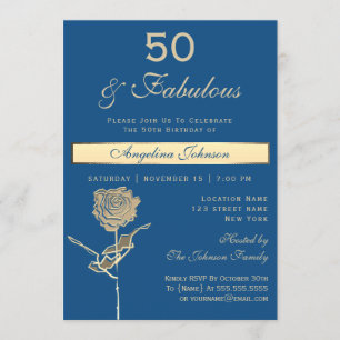 50th Birthday Luxury Gold and Classic Blue Invitation