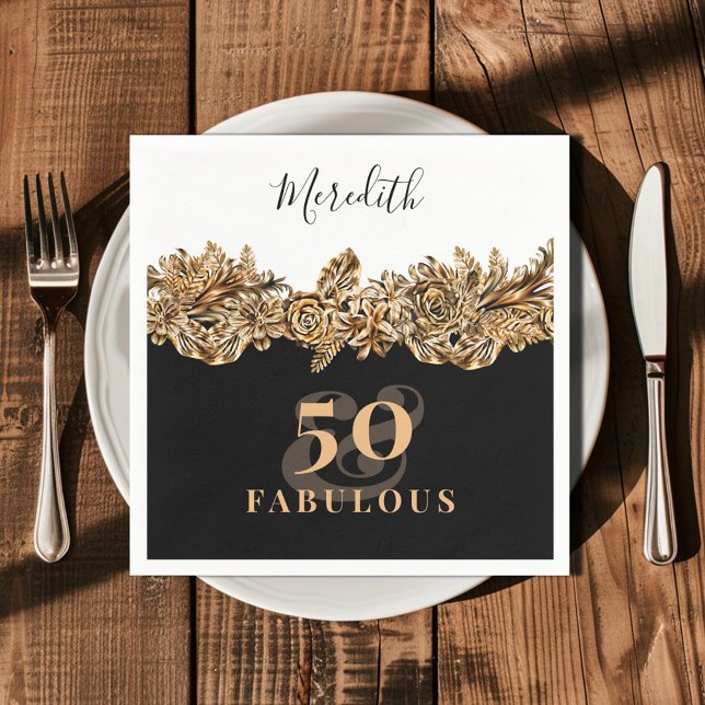 50th Birthday Luxury Golden Flowers Elegant Classy Napkins (Creator Uploaded)