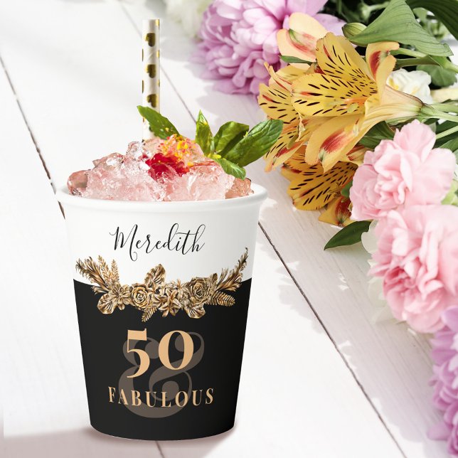 50th Birthday Luxury Golden Flowers Elegant Classy Paper Cups (Creator Uploaded)