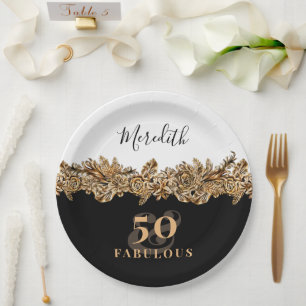 50th Birthday Luxury Golden Flowers Elegant Classy Paper Plates