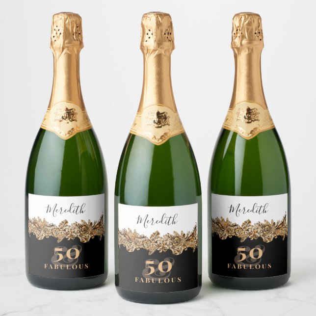 50th Birthday Luxury Golden Flowers Elegant Classy Sparkling Wine Label (Bottles)