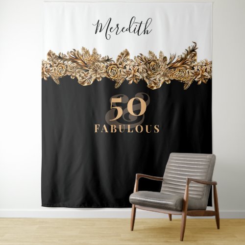 50th Birthday Luxury Golden Flowers Elegant Classy Tapestry