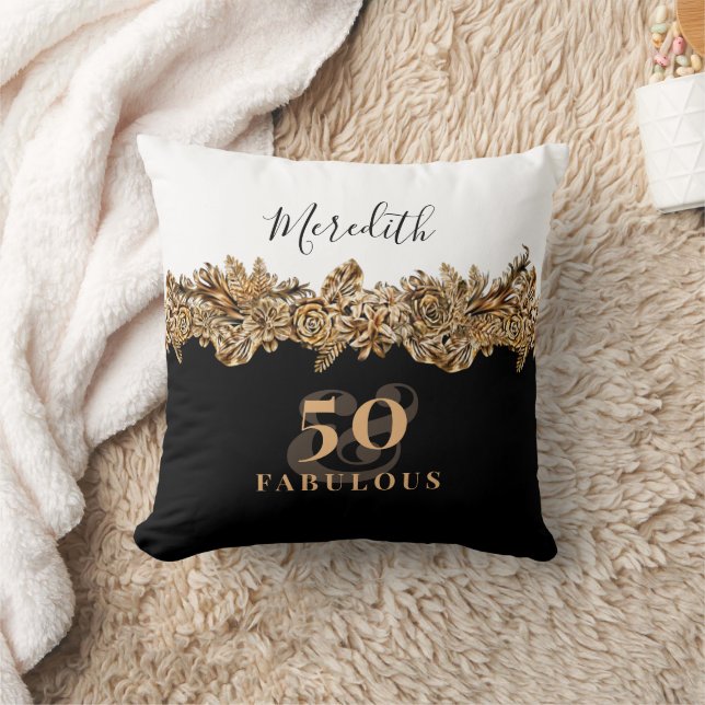 50th Birthday Luxury Golden Flowers Elegant Classy Throw Pillow (Blanket)