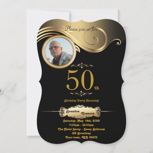 50thBirthday Man any age art deco black gold Invitation