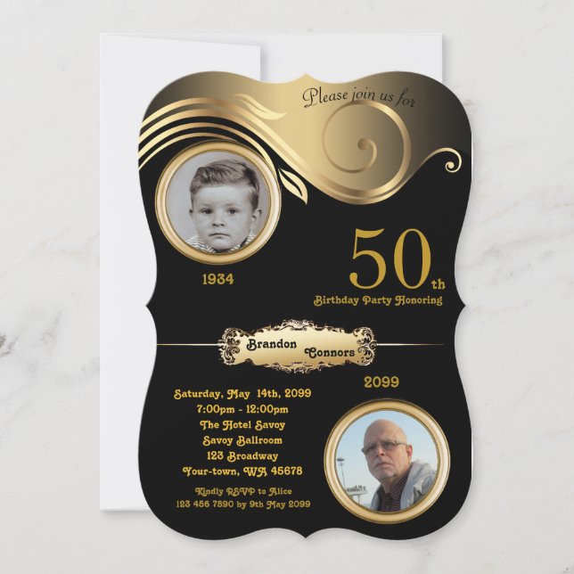 50th,Birthday Man any age, art deco, black gold Invitation (Front)