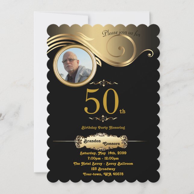 50th,Birthday Man any age, art deco, black gold Invitation (Front)