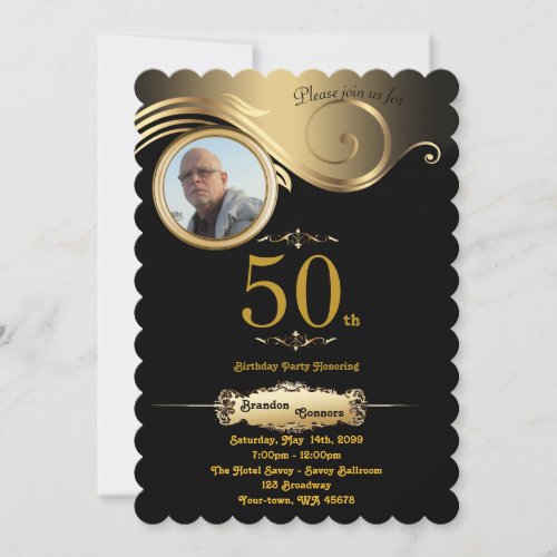 50thBirthday Man any age art deco black gold Invitation