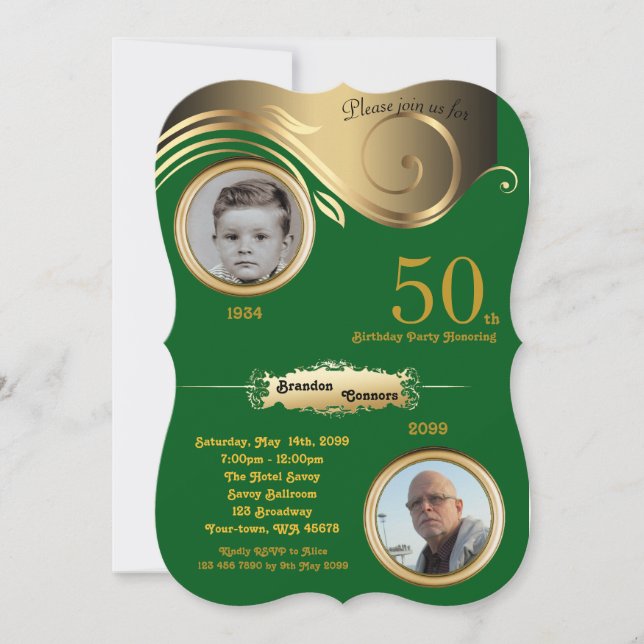 50th,Birthday Man any age, art deco, green gold Invitation (Front)