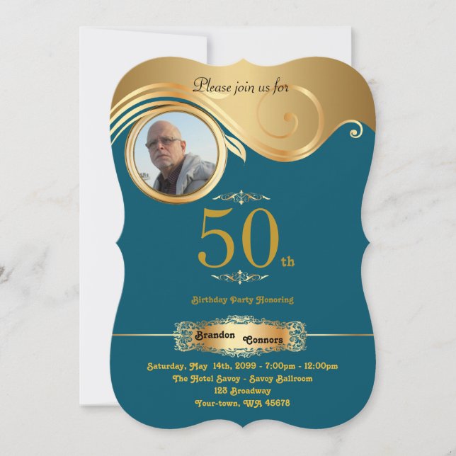 50th,Birthday Man any age, art deco,Green gold Invitation (Front)