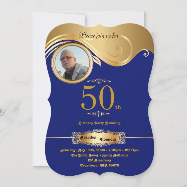 50th,Birthday Man any age, art deco, Navy gold Invitation (Front)
