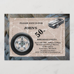 50th,Birthday Man, any age, sport car, tire Invitation