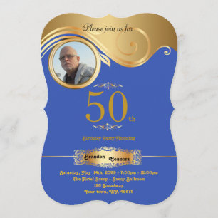 50th,Birthday Man anyage, art deco,Blue Roy gold Invitation