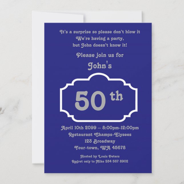 50th,Birthday Man,Party Man,any age,Navy,silver Invitation (Front)