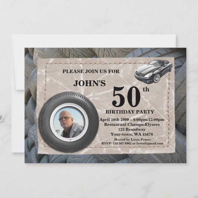 50th,Birthday Man photo, any age, sport car, tire Invitation (Front)
