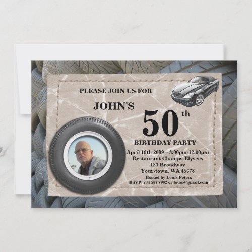 50thBirthday Man photo any age sport car tire Invitation