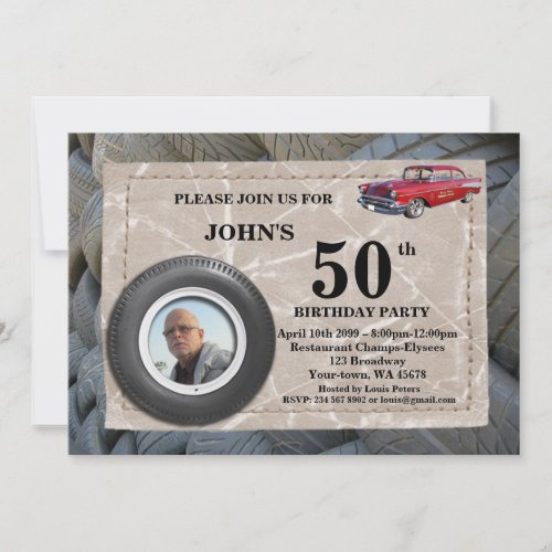 50thBirthday Man photo any age sport car tire Invitation