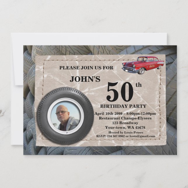 50th,Birthday Man photo, any age, sport car, tire Invitation (Front)