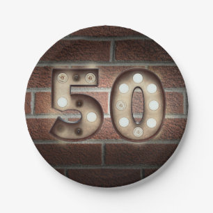 50th birthday marquee sign on brick wall paper plates