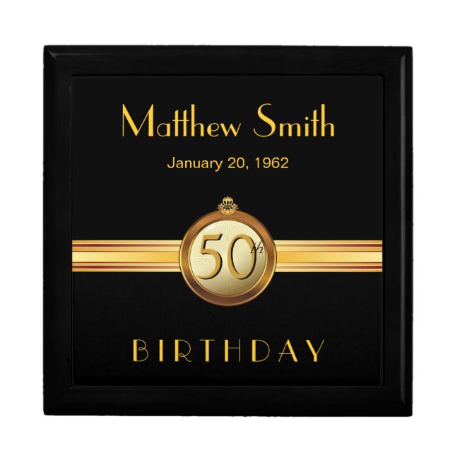 50th Birthday Mens Elegant Gold Black Gift Box (Front)